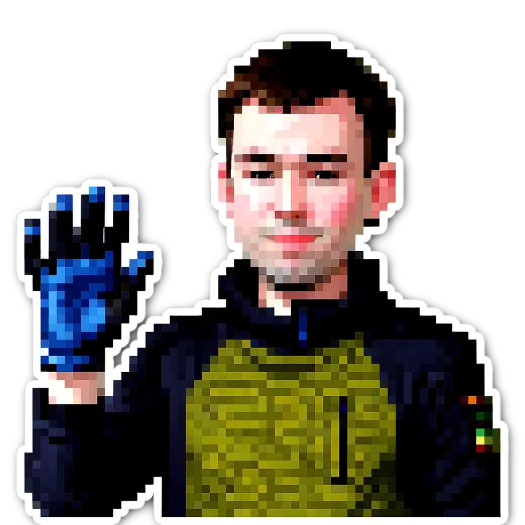 A man is holding up his hand for a picture and wearing gloves.