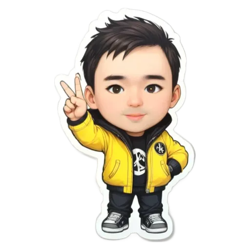 A boy who is wearing a yellow jacket and making a peace sign.