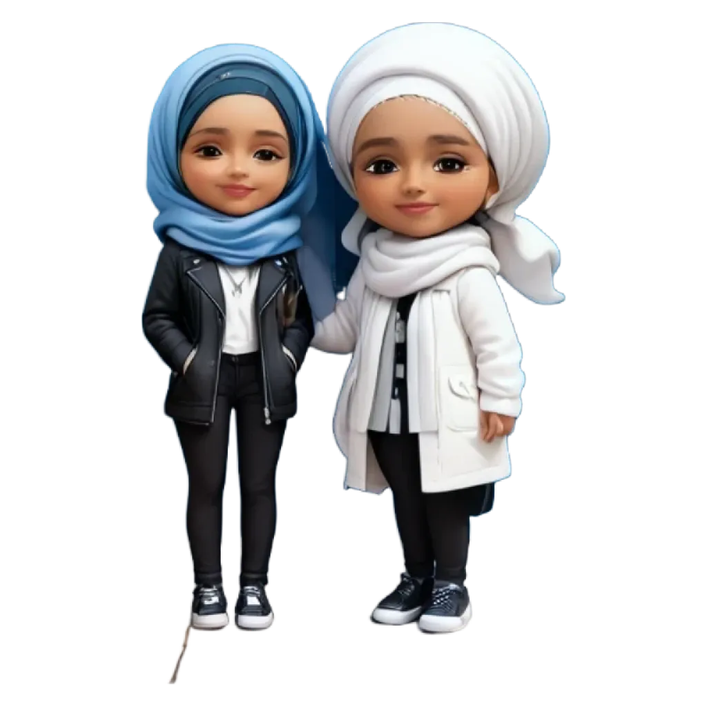 Two dolls standing next to each other with white scarves.