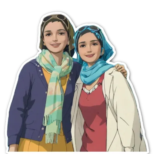 Two women friends, one wearing a blue scarf, the other a yellow one.