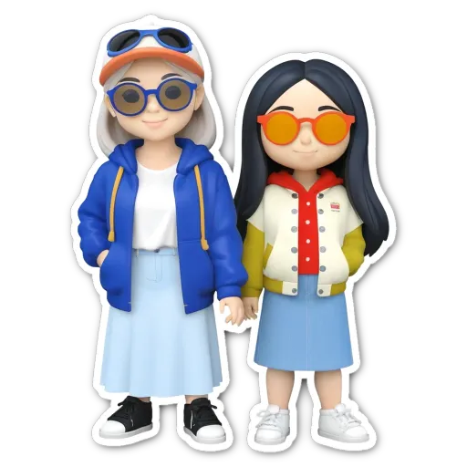 A couple of cartoon people wearing sunglasses and a white and blue jacket.