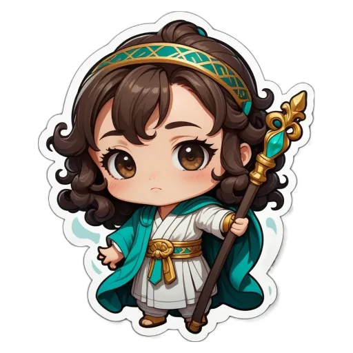 A girl is holding a staff and is part of a cartoon.