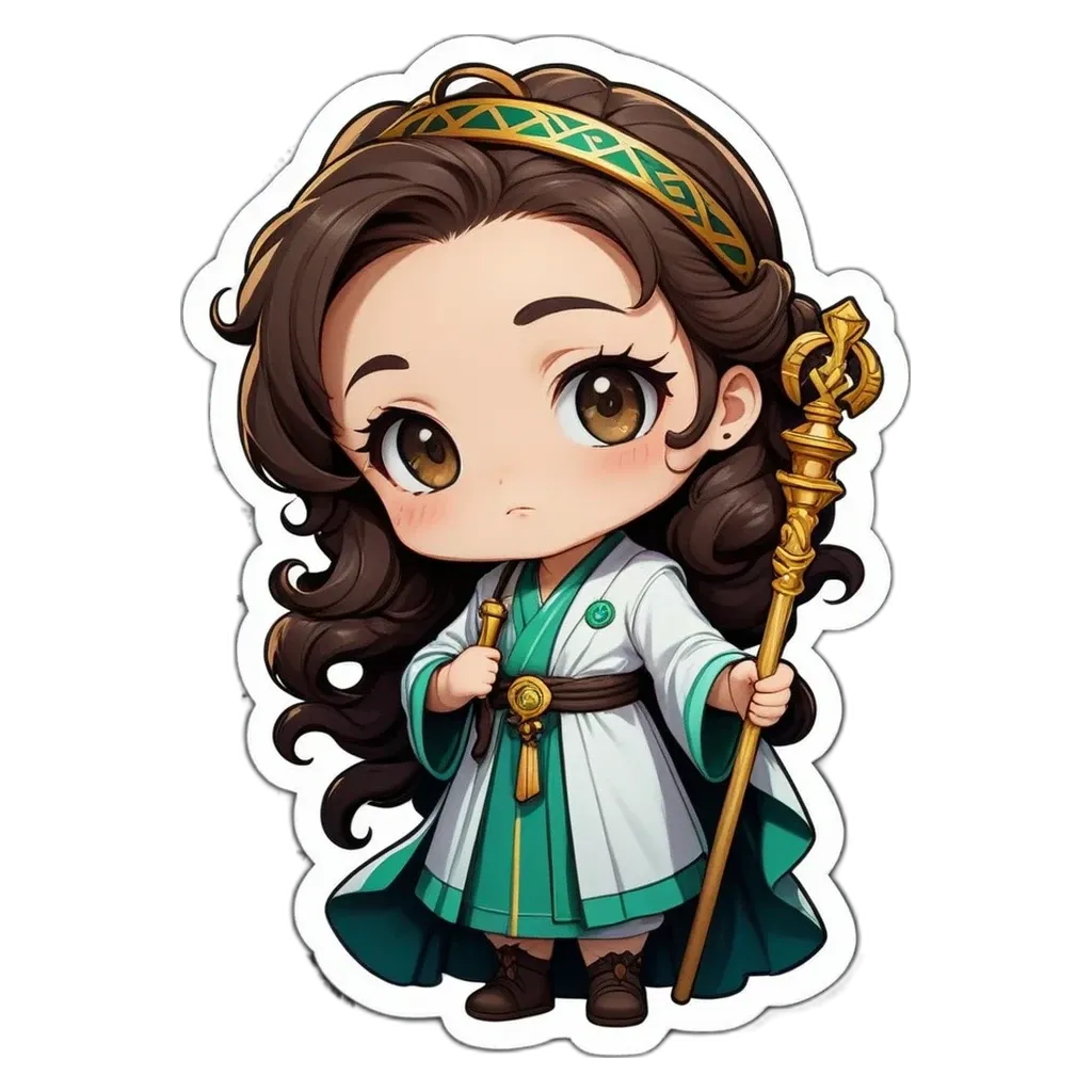 A girl is holding a staff and is part of a cartoon.