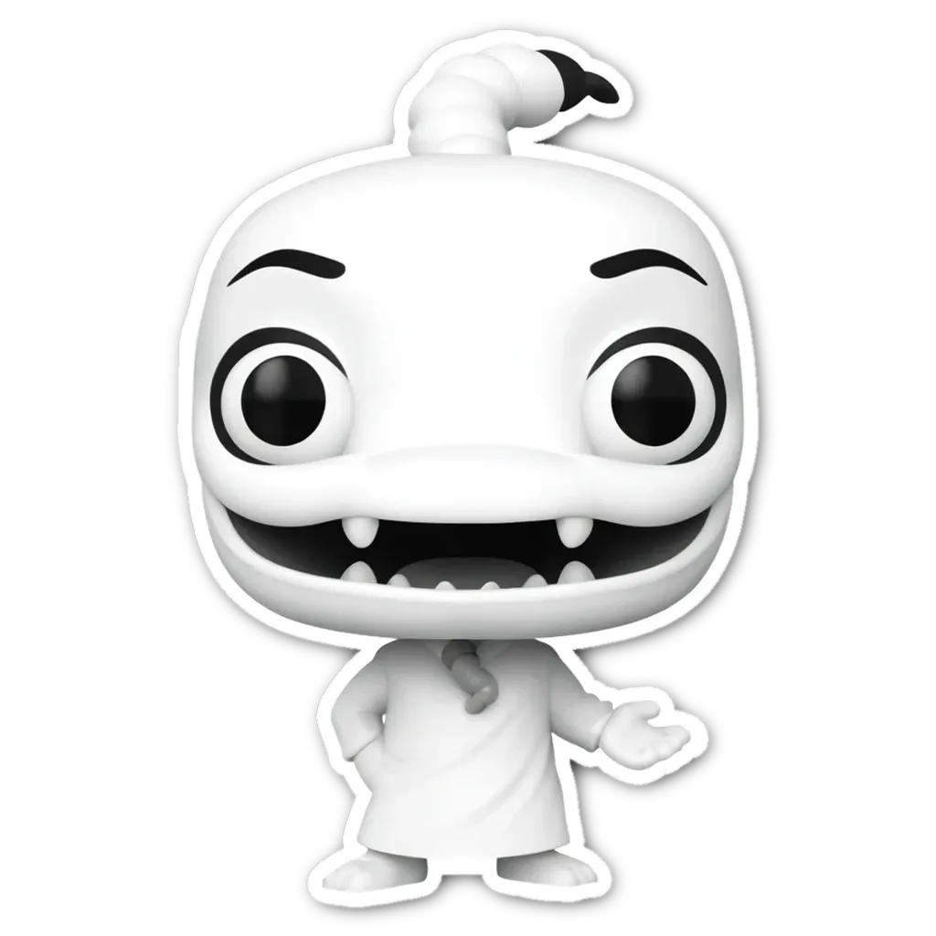 A white pop figure with black teeth and a tie.