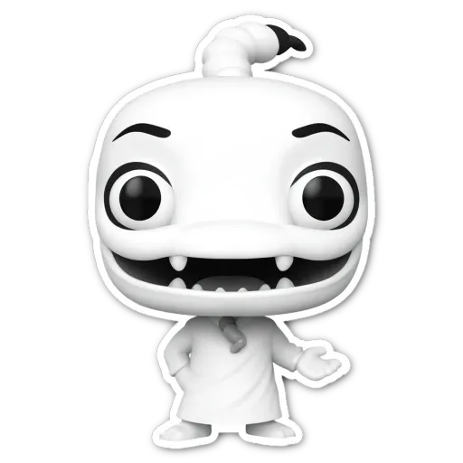 A white pop figure with black teeth and a tie.