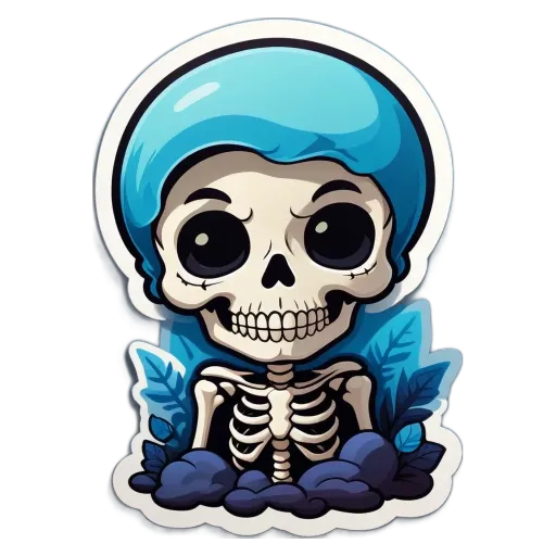 A skeleton wearing a blue hat is looking at the camera.