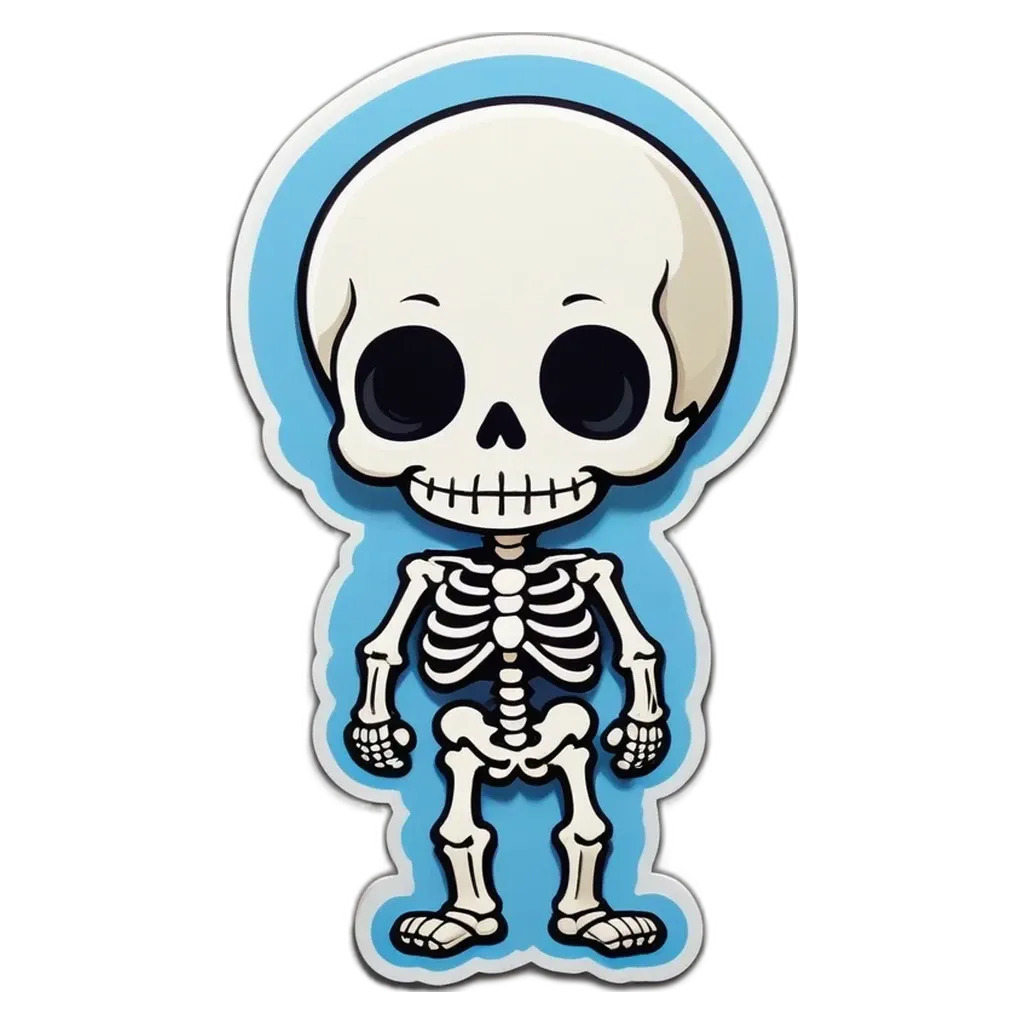 A blue and white sticker of a skeleton playing wth ball.