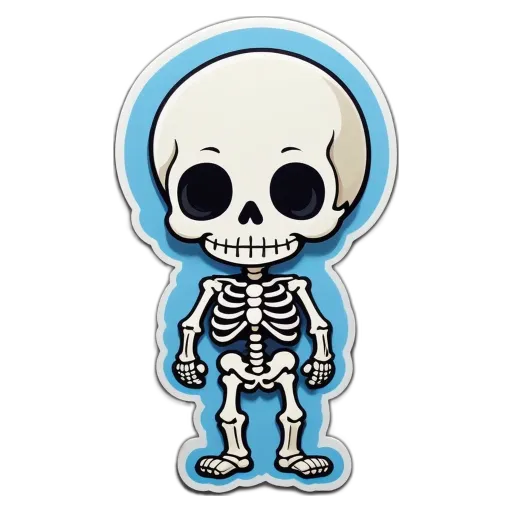 A blue and white sticker of a skeleton playing wth ball.