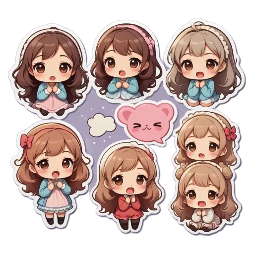 A set of six stickers showing six girls with big brown eyes.