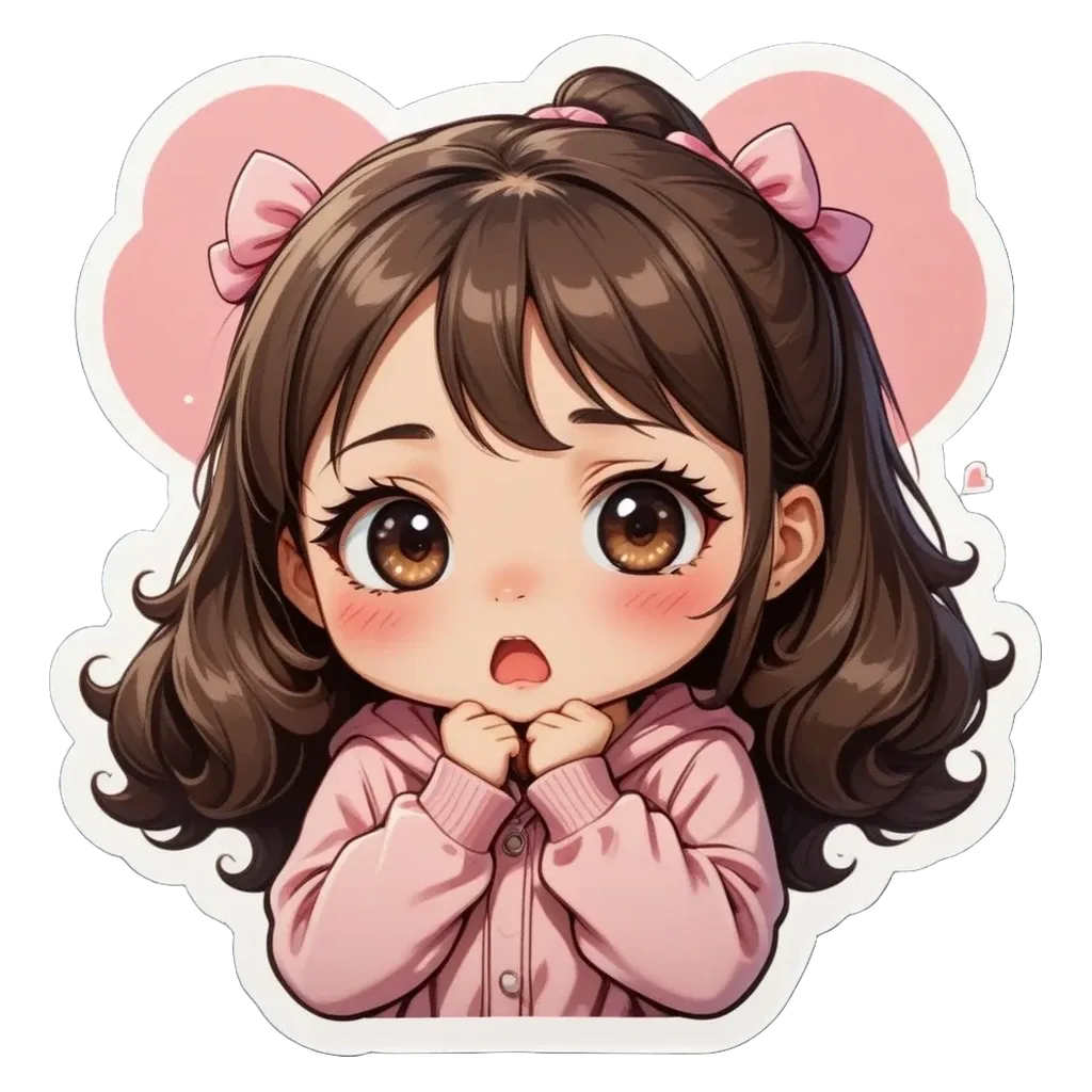 A girl wearing a pink shirt with bows in her hair that is looking down.