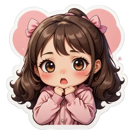 A girl wearing a pink shirt with bows in her hair that is looking down.