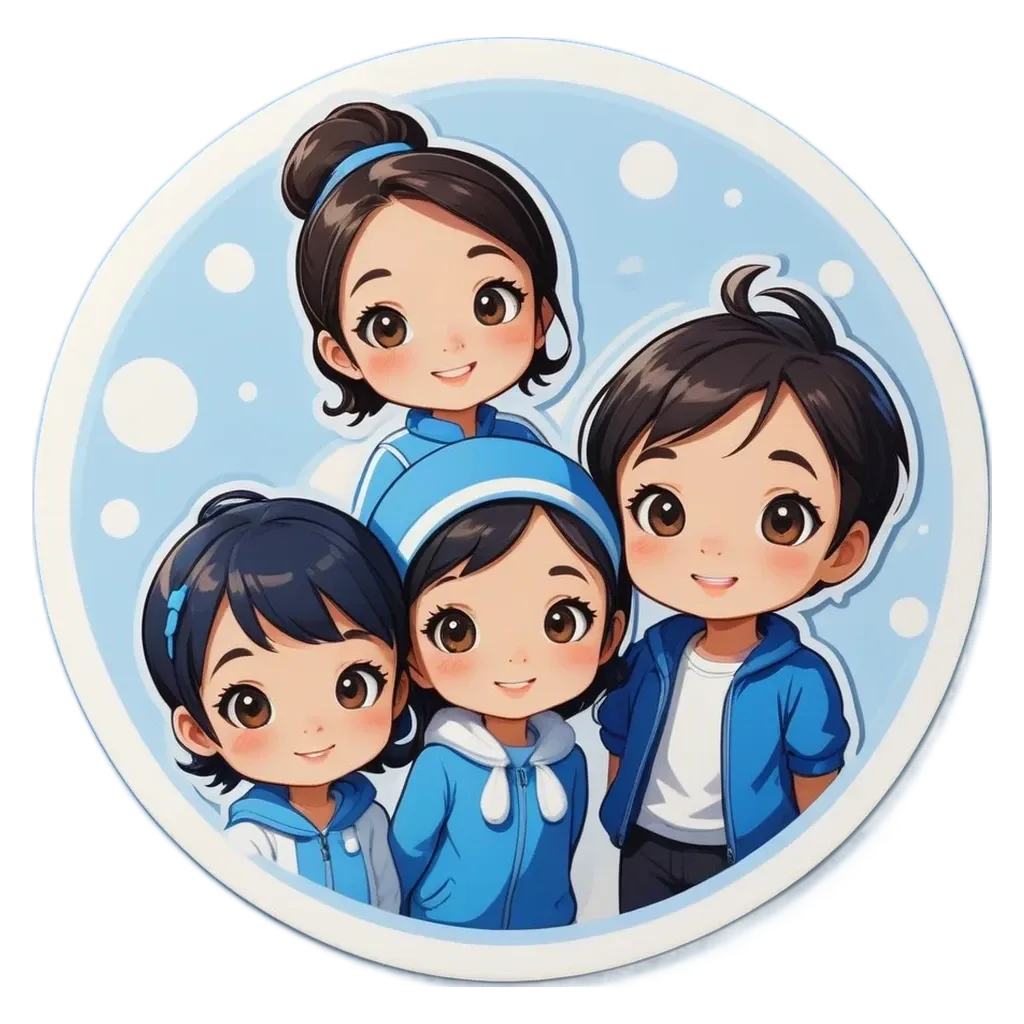 Four cartoon people are standing together on a circle.