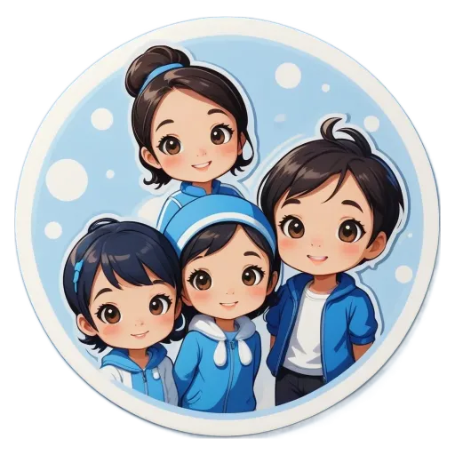 Four cartoon people are standing together on a circle.