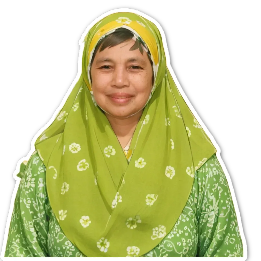 A woman wearing a green and yellow scarf with a floral print.