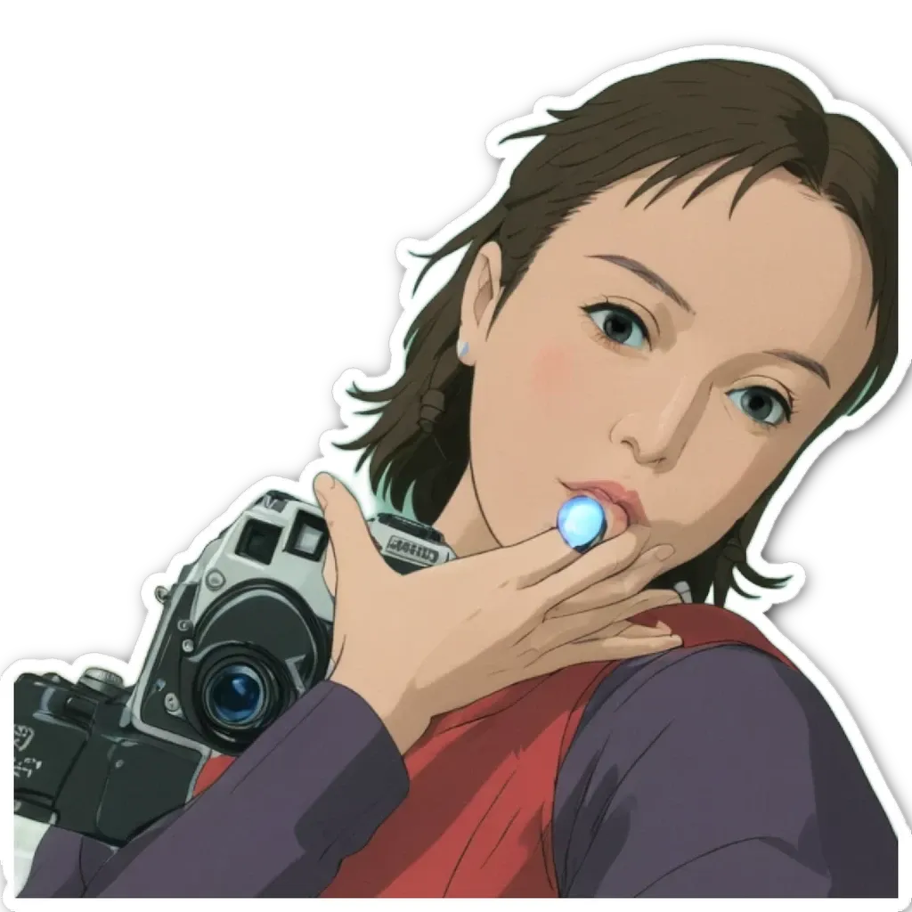 A girl holding a camera with a blue circle on the camera.