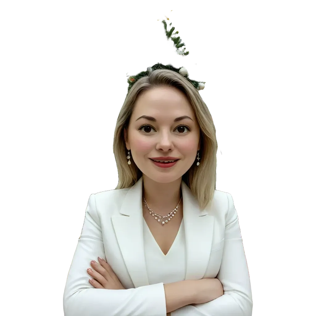 A woman wearing a necklace and a white blazer is posing for the camera.