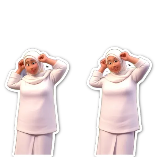 A woman adjusting her headscarf is shown in two different positions.