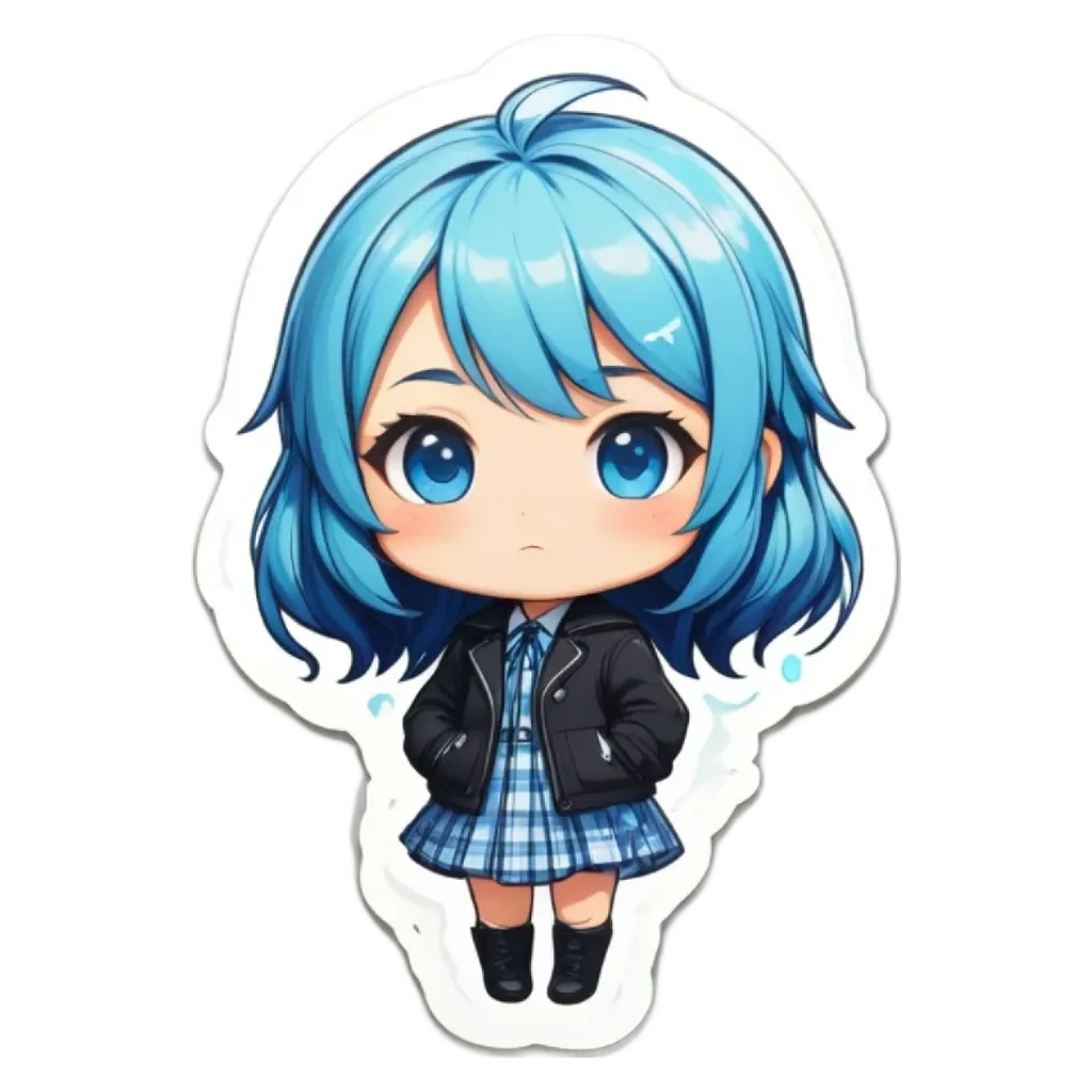 A girl with blue eyes and a blue dress is standing up straight.