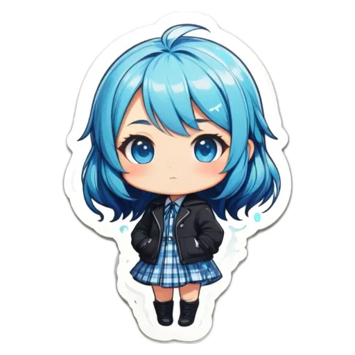 A girl with blue eyes and a blue dress is standing up straight.