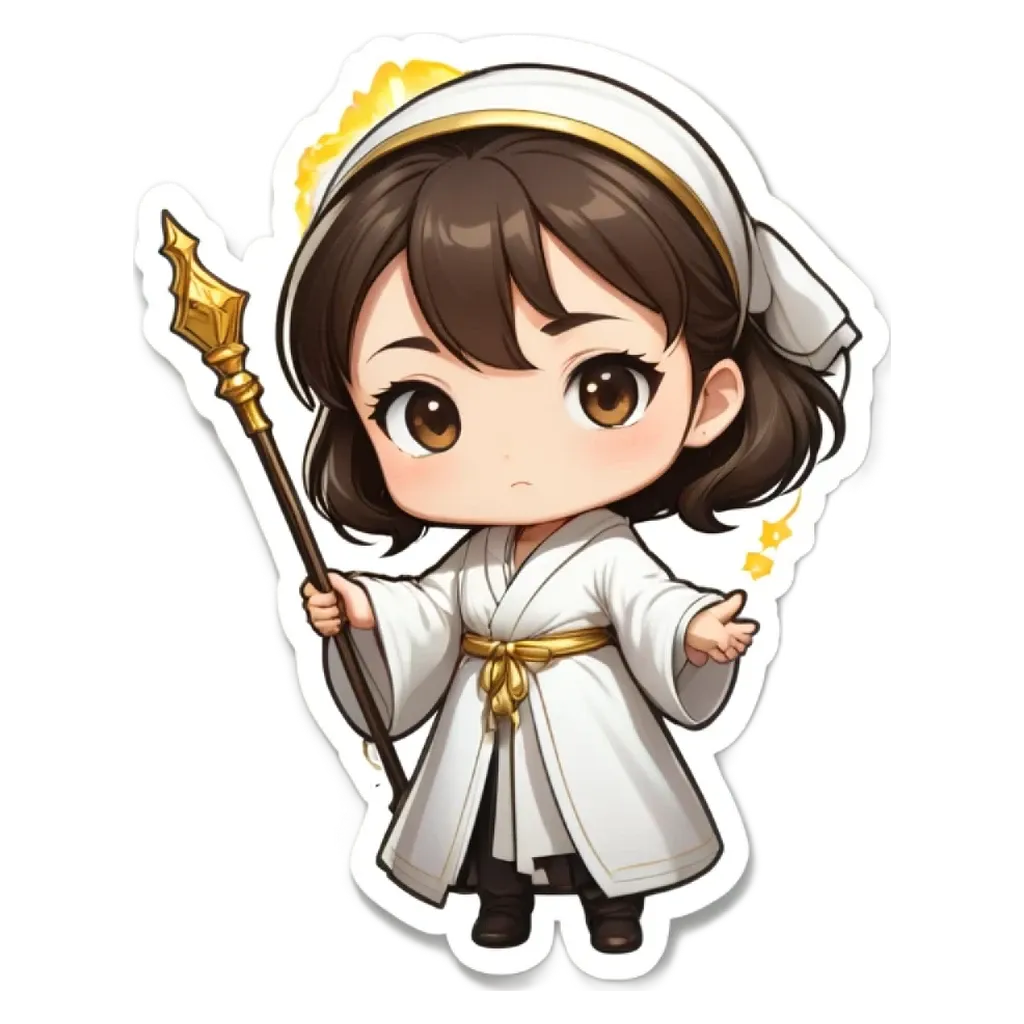 A girl is wearing a white robe and holding a golden staff.
