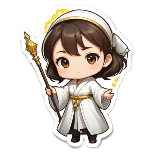 A girl is wearing a white robe and holding a golden staff.
