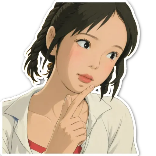 A sticker of a girl thinking with her hand.