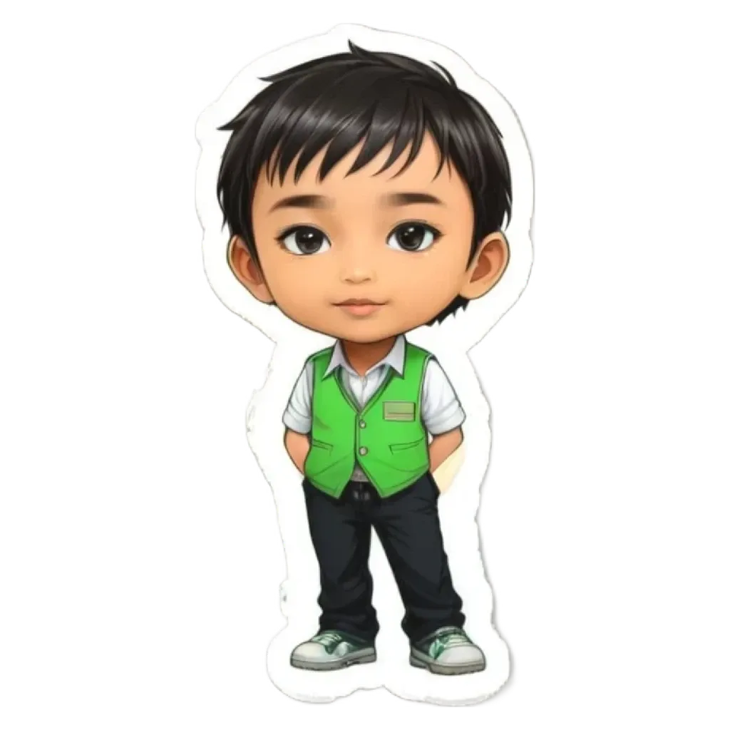 A boy wearing a green vest and shoes, standing with his hands in his pockets.