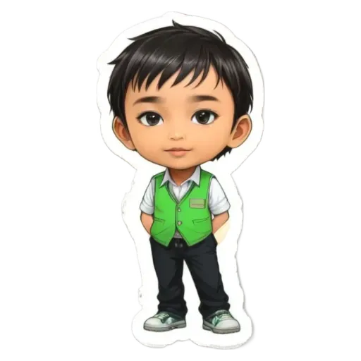 A boy wearing a green vest and shoes, standing with his hands in his pockets.