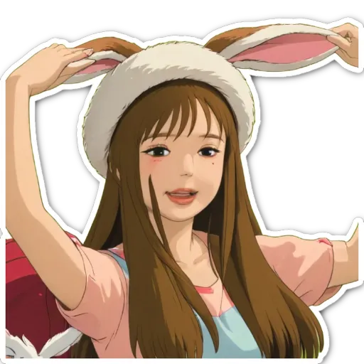 A woman with a bunny on her head in a white and blue dress.