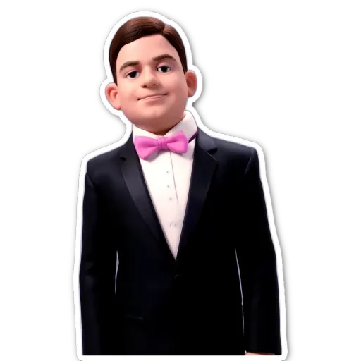 A boy is wearing a suit and a pink bow tie.