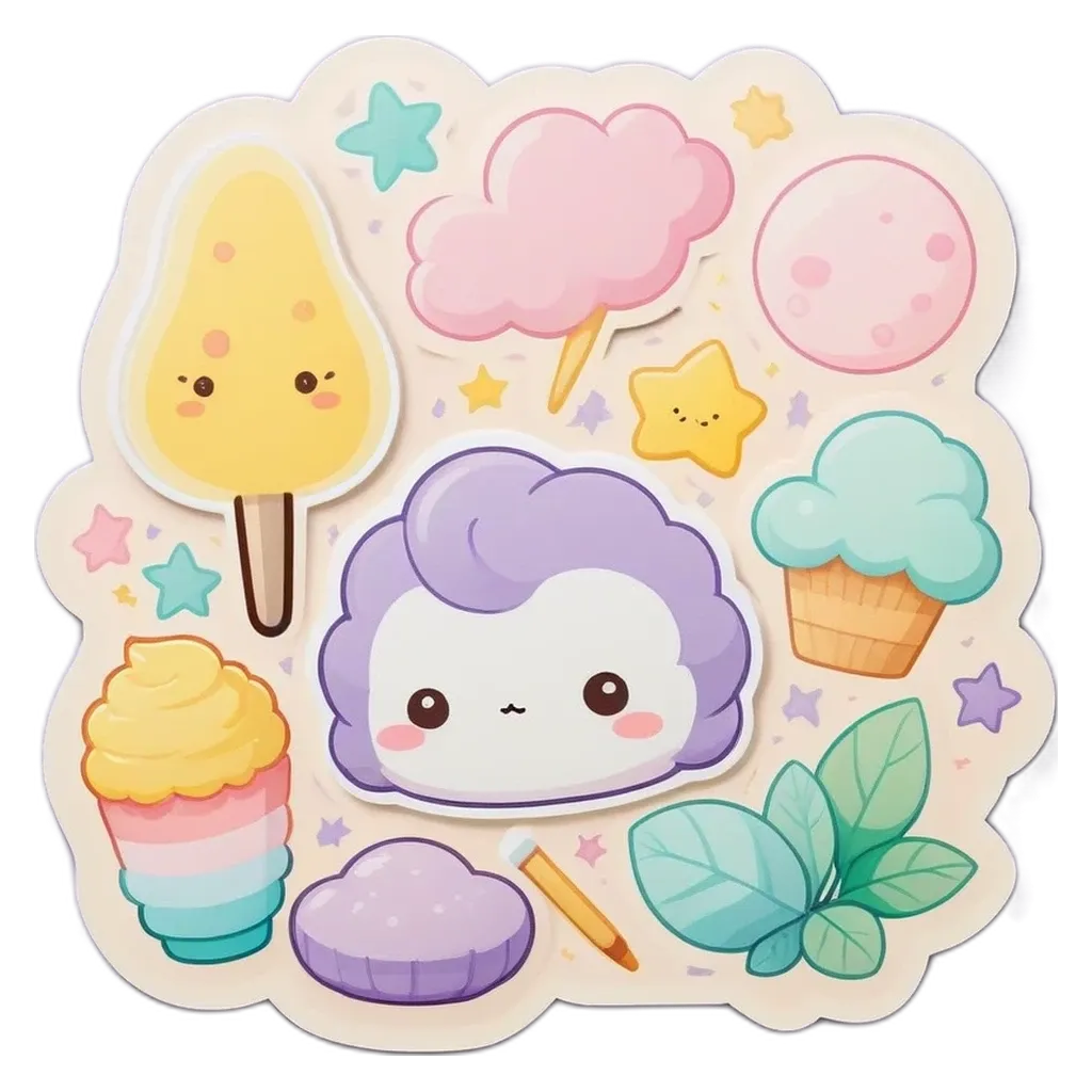 A collection of cartoon stickers include a cloud, cupcake, and star.