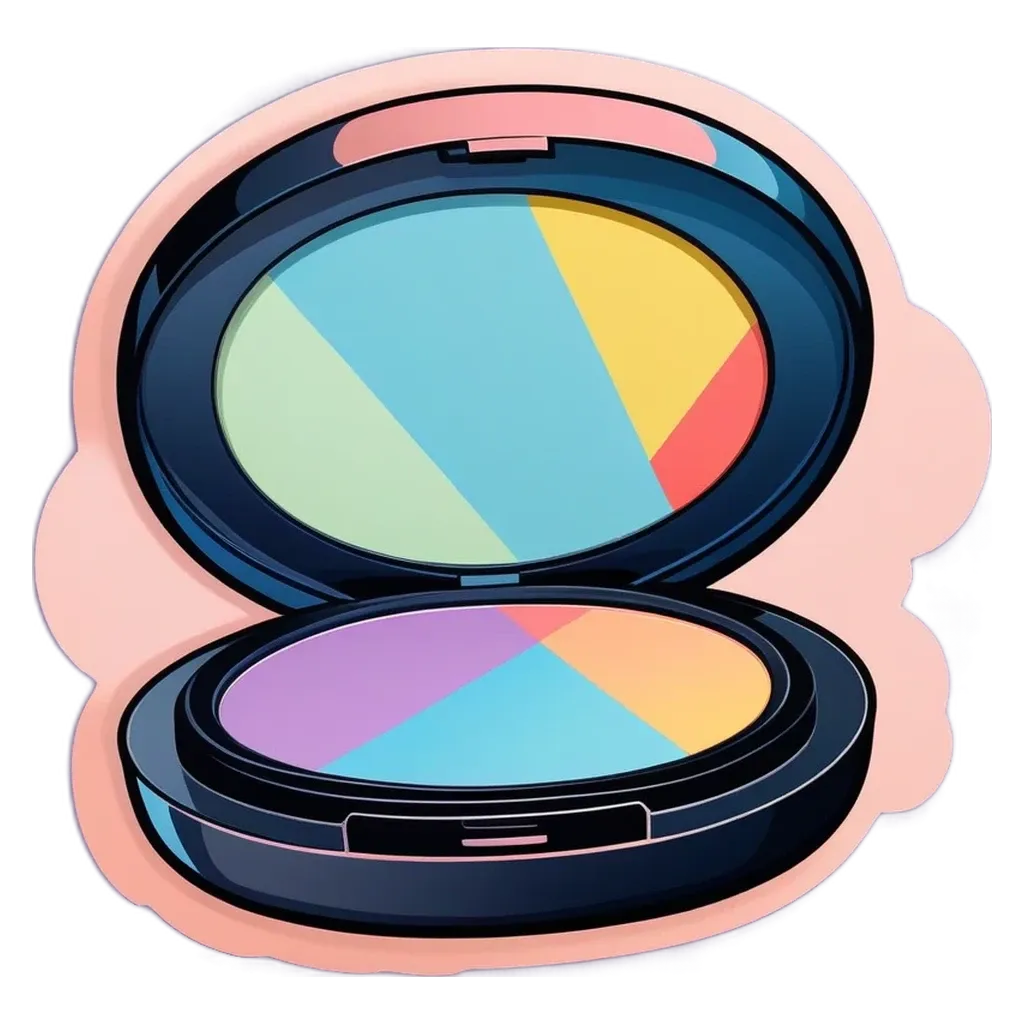 A cartoon drawing of a make up compact with a label.
