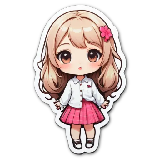 A girl with a pink skirt and white shirt is standing up.