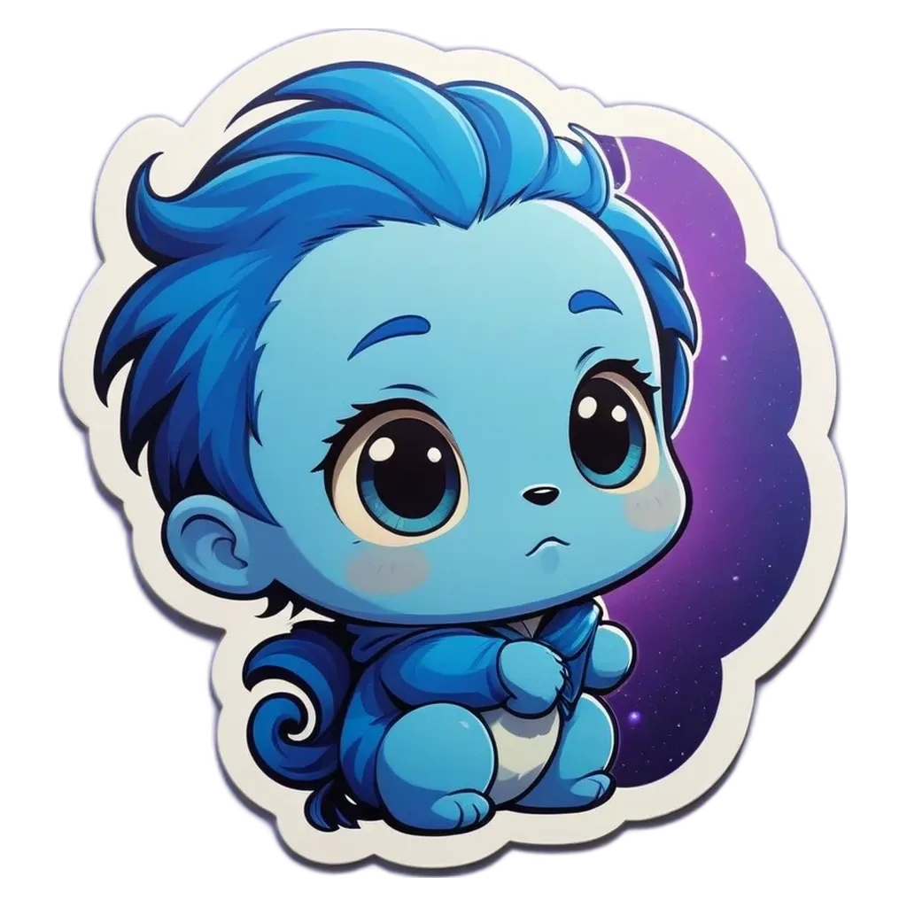 A blue character drawing is set against a black background.