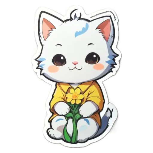 A cartoon white cat sitting with a flower.