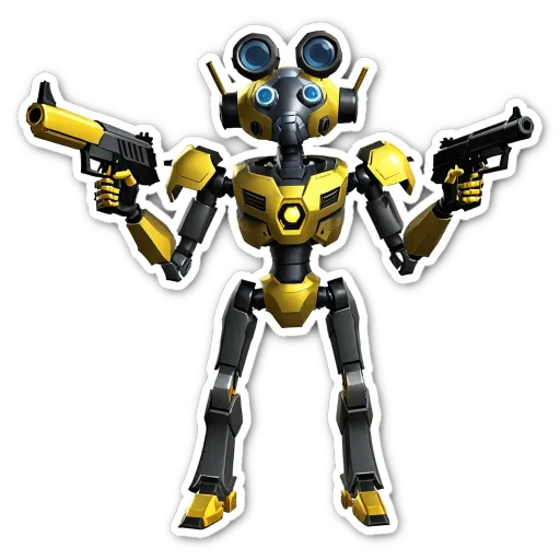 A robot with guns is holding two guns in its hands.