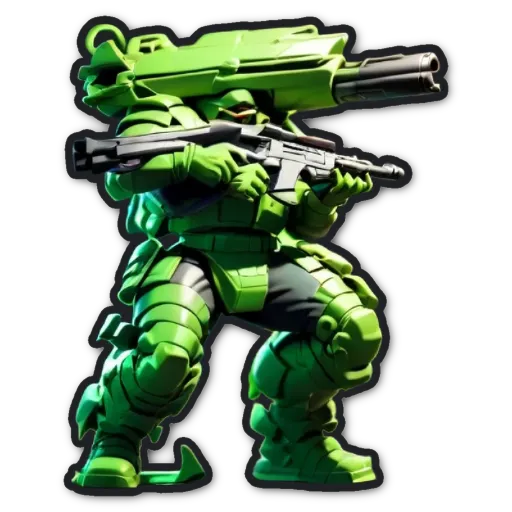 A green figure with a gun is holding a machine gun in front of a black background.