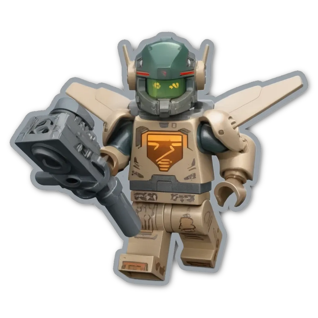 A lego man with a gun that is brown and green.