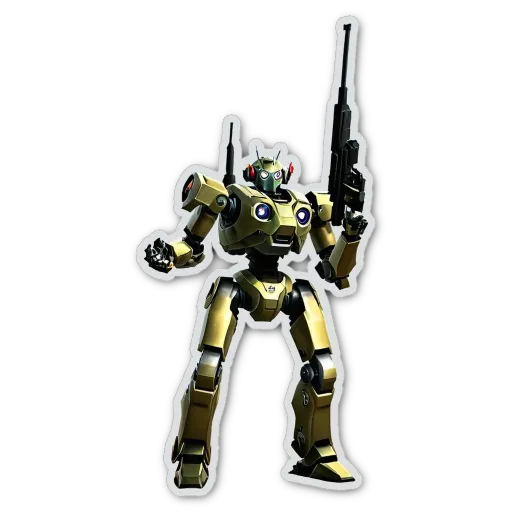 A robot with two guns that is on a black background.