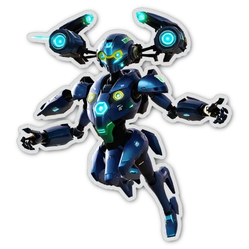 A black and white picture of a robot with green arms.