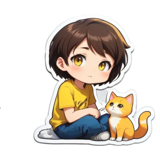 A girl and a cat in a cartoonish drawing.