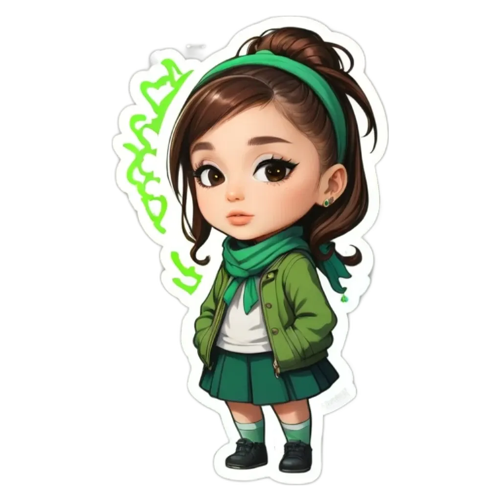 A cartoon girl wearing a green jacket and green shoes with the words "paris" on them.