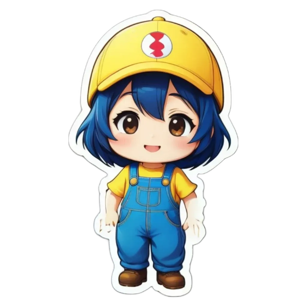 A girl is wearing a yellow hat and blue overalls.