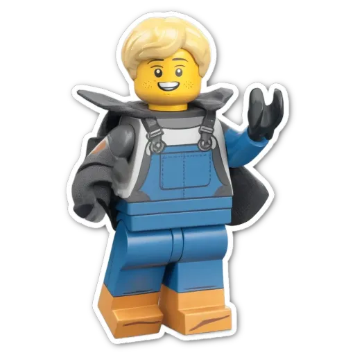 A blue and white lego person with a backpack on.