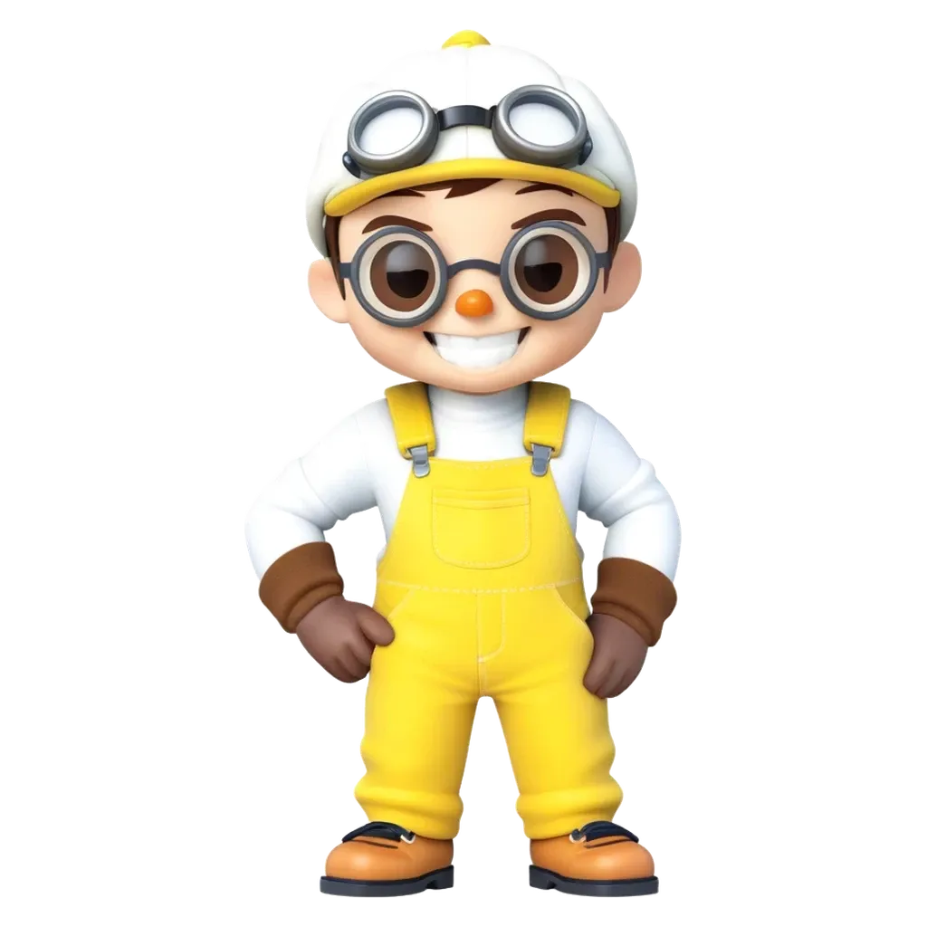 A cartoon character wearing yellow overalls and a white hat.