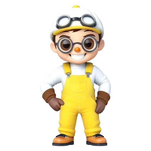A cartoon character wearing yellow overalls and a white hat.