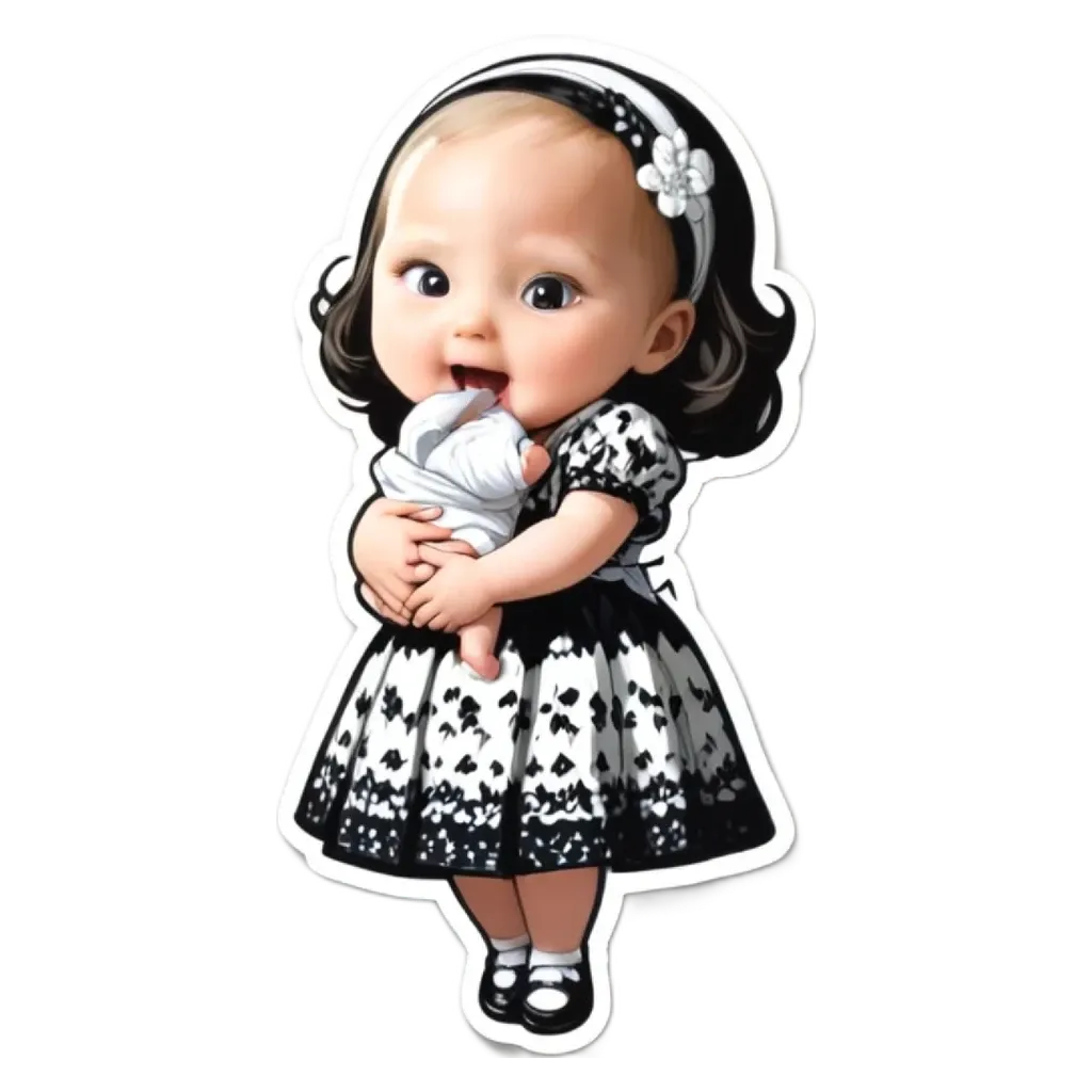 A cartoon picture of a girl holding a doll.