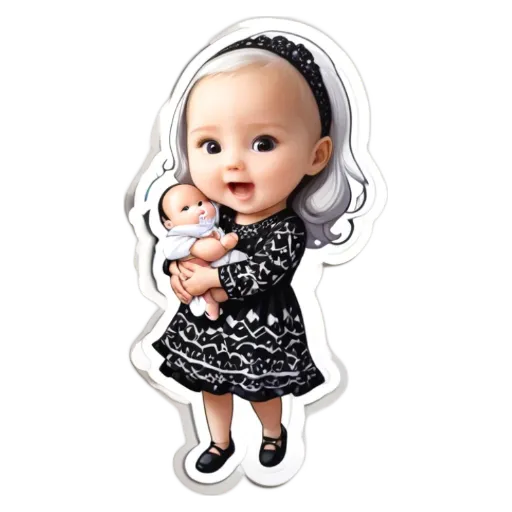 A girl holding a baby is depicted on a black and white sticker.