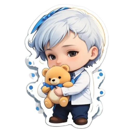 A boy with a teddy bear that he is holding.