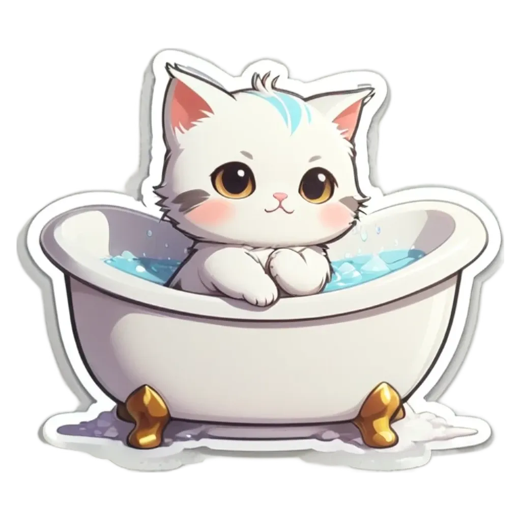 A cartoon white cat in a bathtub with gold legs.
